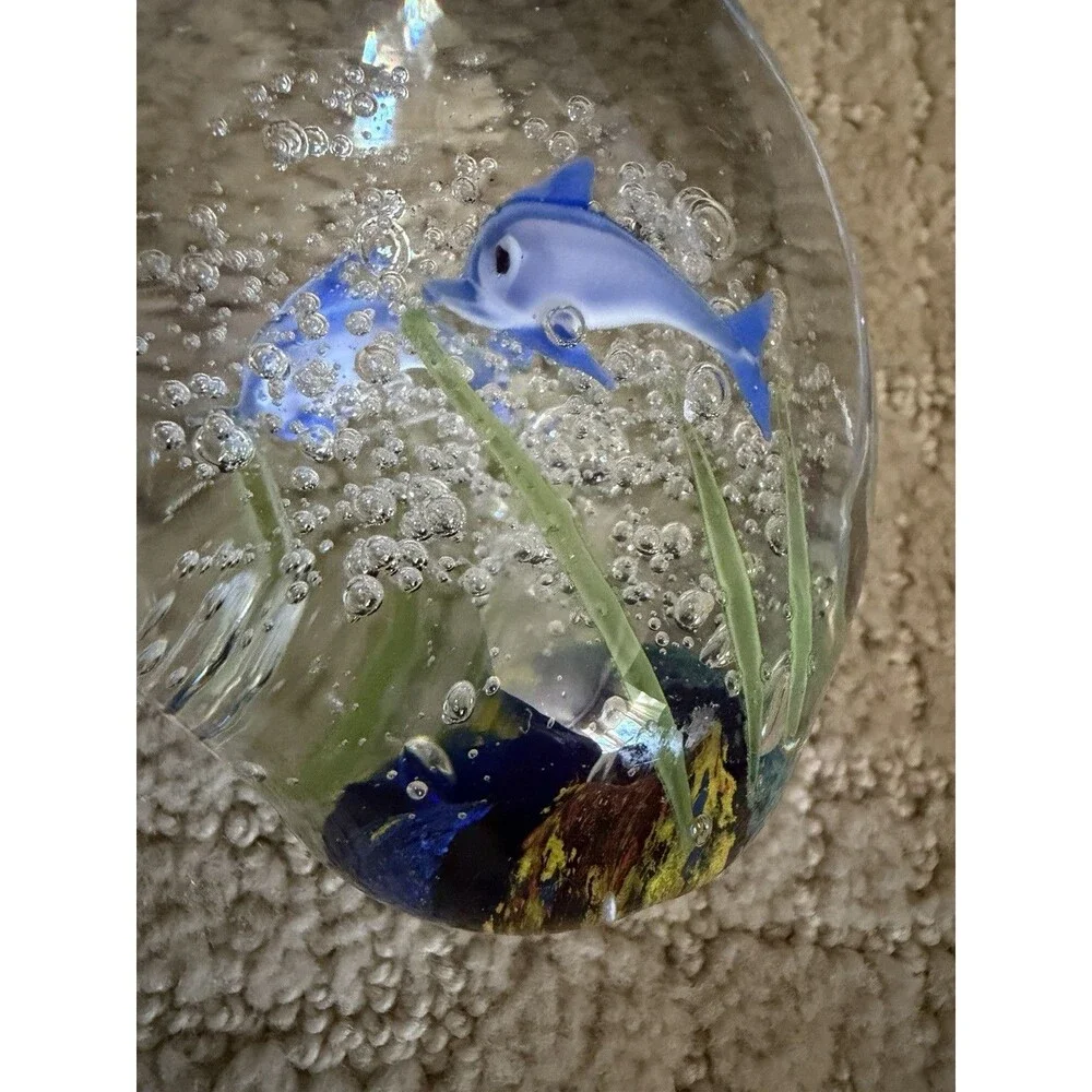 Murano-Style Art Glass Aquarium Paperweight with Dolphins Double Sided